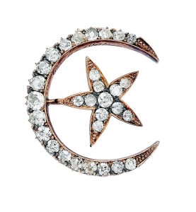 14-karat gold crescent moon and star brooch, with old mine- and old European-cut diamonds. Circa 1900.