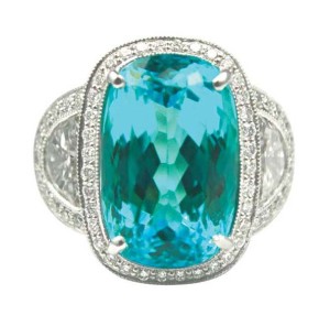 A 12.76-carat neon fine Paraiba tourmaline offered at $65,000 per carat.