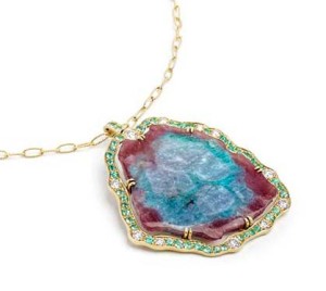 18-karat yellow gold 'Nebula' necklace by Anne Sportun Fine Jewellery, featuring  a 39.80-carat Brazilian Paraiba tourmaline slice, Paraiba green tourmaline melee,  and white diamonds.