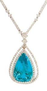 A 15-carat pear-shape Paraiba tourmaline and diamond pendant with diamond chain set in platinum.