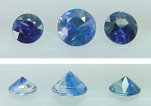 Colour banding on these sapphires is quite visible when viewed from the pavilion, but once they are turned over, the face-up appearance shows no sign of it.