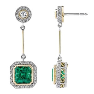 Handcrafted earrings by Omi Privé with emerald-cut emeralds (4.80 ctw) accented with brilliant diamonds (1 ctw) and set in platinum and 18-karat yellow gold.