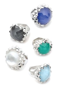 Silver rings by Stephen Webster, with assorted stones accented  with mother-of-pearl and clear quartz.