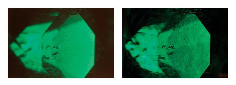 The liquid inclusions in the emerald to the left make it appear natural; crossed polarizers reveal the telltale hydrothermal growth patterns of a synthetic.