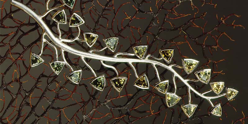 'Ivy League' platinum brooch, with hand-fabricated branches and bezels.