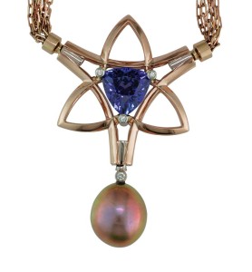 18-karat rose gold clasp pendant with 19-karat white gold and diamond accents set with tanzanite and metallic freshwater pearl on a rose gold chain.