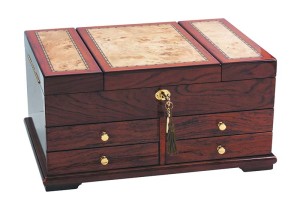 Jewellery chest by Stuller, Inc., with bubinga veneers and mapa burl inlay.