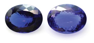 35-carat heated bluish-violet tanzanite (left) and 45-carat unheated violetish-blue tanzanite (right).