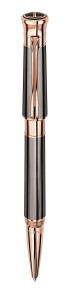 Rose gold-plated rollerball pen by Davidoff, with black lacquer and 18-karat gold nib. 