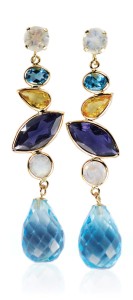 14-karat yellow gold earrings by Jewels by Anita set with moonstones, yellow sapphires, blue topaz, and iolites.