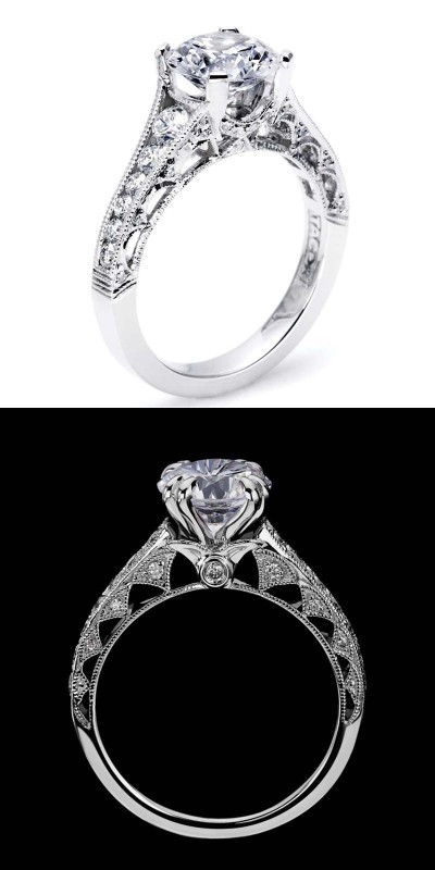 At top is Tacori's 'reverse crescent' ring design, while Scott Kay's 'Heaven's Gates' design is below. Tacori sued Scott Kay for copyright and trademark infringement. The case was eventually dismissed with prejudice.