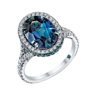 A 5.16-carat alexandrite and platinum ring by Omi Gems, with round alexandrites (.57 ctw) and diamonds (.74 ctw).