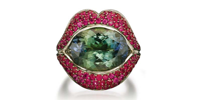 Eight-carat multicoloured tanzanite ring by Loretta Castoro surrounded by pavé-set rubies.