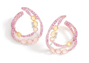 Brumani 18-karat rose gold earrings, with round diamonds, rose quartz, and yellow and pink sapphires.