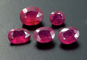 These stones ranging in size from 2.15 to 7.42 carats are typical of the final result achieved with the filling of fractures in rubies with high-lead-content glass.