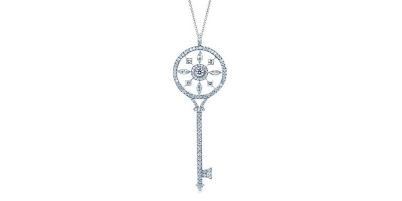 Round key pendant with marquise (0.25-ctw), square (0.17-ctw), and round (0.76-ctw) brilliant-cut diamonds in platinum by Tiffany & Co.