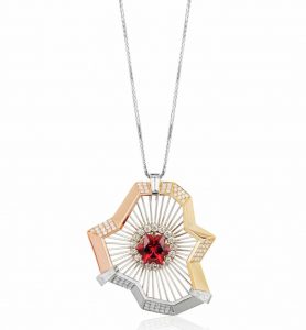 This ‘Northern Lights’ pendant earned Toronto-based Varouj Tabakian an honourable mention in the classical category at the 2017 American Gem Trade Association (AGTA) Spectrum Awards. It is made with 18-karat gold, platinum, round and baguette-cut diamonds, and a 3.79-carat rubellite tourmaline. Photo courtesy AGTA