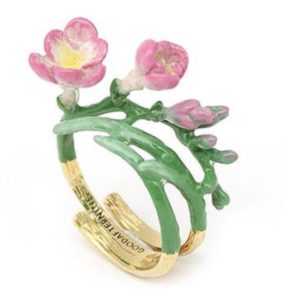 Evoking nature, this enamel and gold-plated brass ring was produced by Good After Nine Jewelry, based in Bangkok.