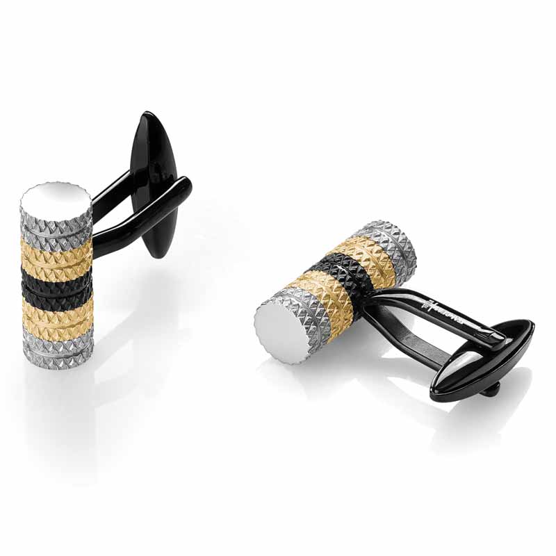 Black, gold, and stainless steel cufflinks by Italgem Steel. MSRP $99Contact: Italgem Steel (514) 388-5777