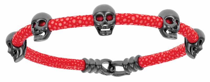 Bracelet by Double Bone featuring skulls in sterling silver and black rhodium. MSRP $378 Contact: Italgem Steel (514) 388-5777