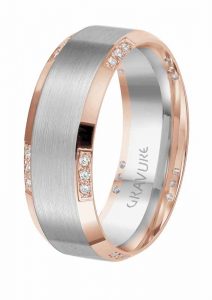 8-mm comfort-fit ring in 10-karat white and rose gold set with diamonds from the 'Passion Noir' collection by Gravure Commitment/Atlantic Engraving.