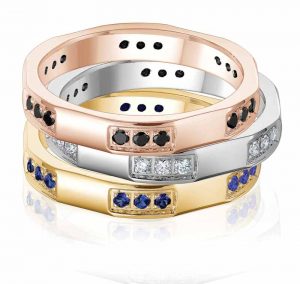 From the ‘Haute Couture’ collection by Gravure Commitment/Atlantic Engraving, stackable rings available in 10-karat rose, white, or yellow gold with black diamonds, white diamonds, or blue sapphires. MSRP $1100, $730, $760 (from top to bottom) Contact: Gravure Commitment/Atlantic Engraving (800) 267-7823