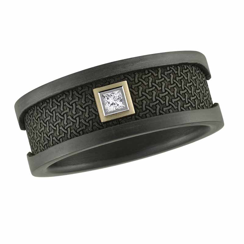 Comfort-fit, 8-mm carbon fibre wedding band by Malo Bands, featuring a five-point princess-cut diamond set in a yellow gold frame.