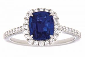 18-karat white gold ring with two-carat cushion-cut sapphire and VS/SI GH diamonds (0.30 ctw) by Paragon Fine Jewellery. MSRP $7890 Contact: Paragon Fine Jewellery (416) 306-1975