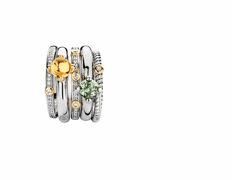 Mix-and-match rhodium- and gold-plated sterling silver rings by Ti Sento Milano. MSRP $99 to $139