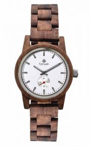 Hypoallergenic, unisex watch made from recycled wood with round dial and automatic movement by Tense Watches.