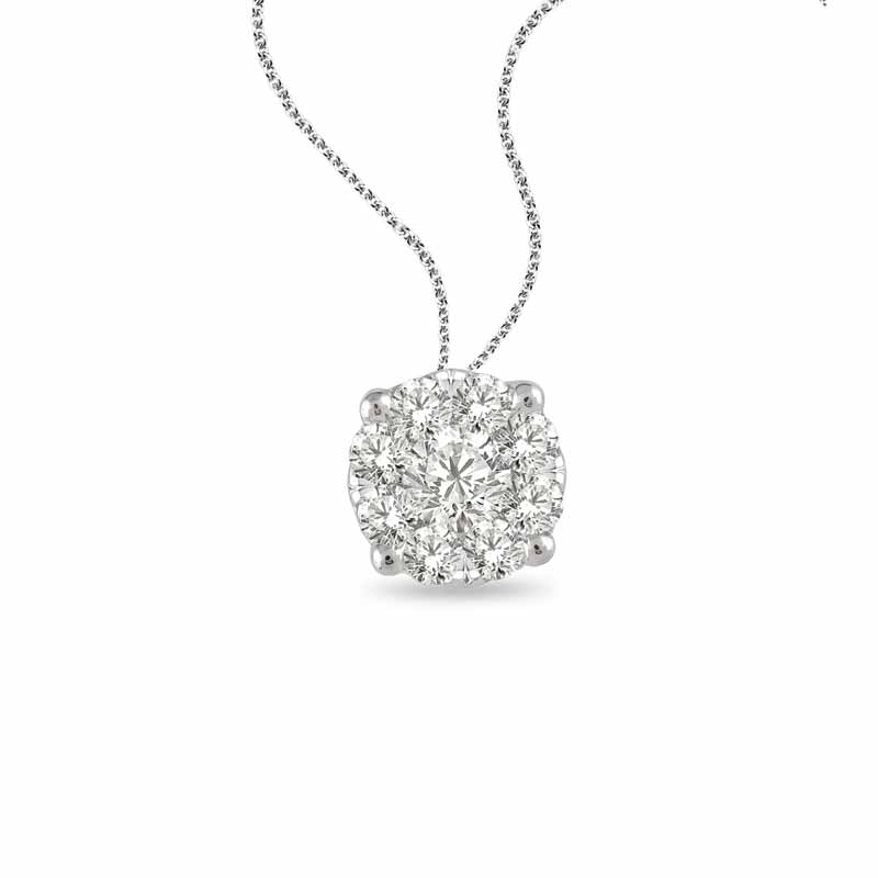 Round-cut diamond pendant in 14-karat white gold with box chain by Samsara Creations.