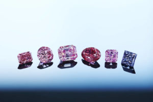 Strong results at Rio Tinto’s Argyle Pink Diamonds Tender were supported by six featured gems, including the 2.28-carat ‘Argyle Muse’ (third from right), the 3.14-carat ‘Argyle Alpha’ (third from left), and the 2.08-carat ‘Argyle Odyssey’ (second from left). Photo courtesy Rio Tinto