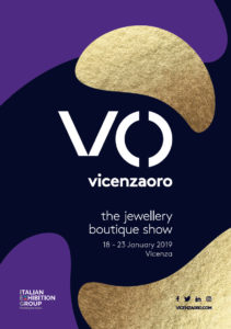 VicenzaOro’s new graphic design approach combines an updated monogram with understated, elegant colours and soft shapes. Image courtesy IEG