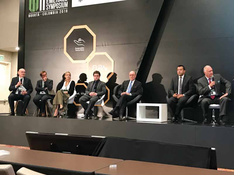 From left to right: Jean Claude Michelou, Daniel Nyfeler (Gubelin Lab), Cathelijne Klomp (LVMH), Mendelson, Charles Chaussepied (Responsible Jewellery Council [RJC]), Edwin Molina (Emerald Producers Association [Aprecol]), and Charles Burgess (MTC Muzo).