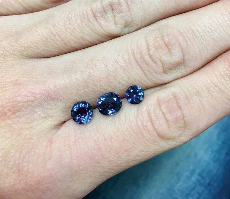 Three blue spinels. Spinel comes in many colours and can stand in for several classic gemstones.