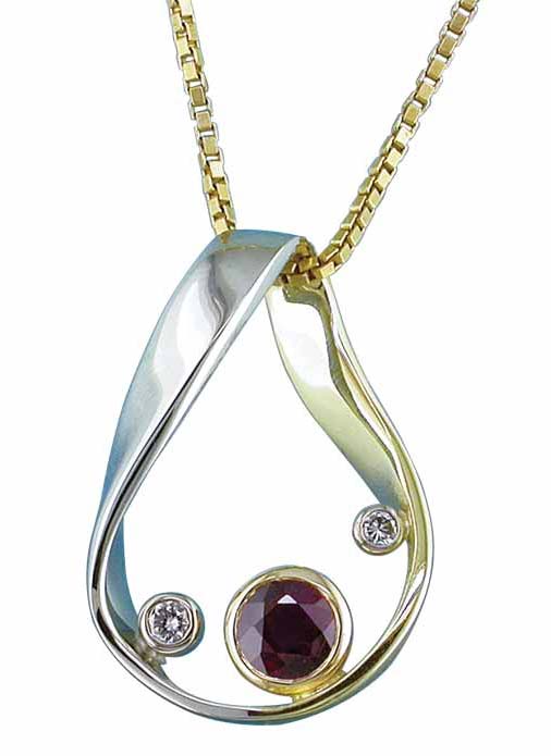 Möbius strip pendant in 19-karat white gold set with three round brilliant-cut diamonds, two white and one natural fancy chocolate brown. 