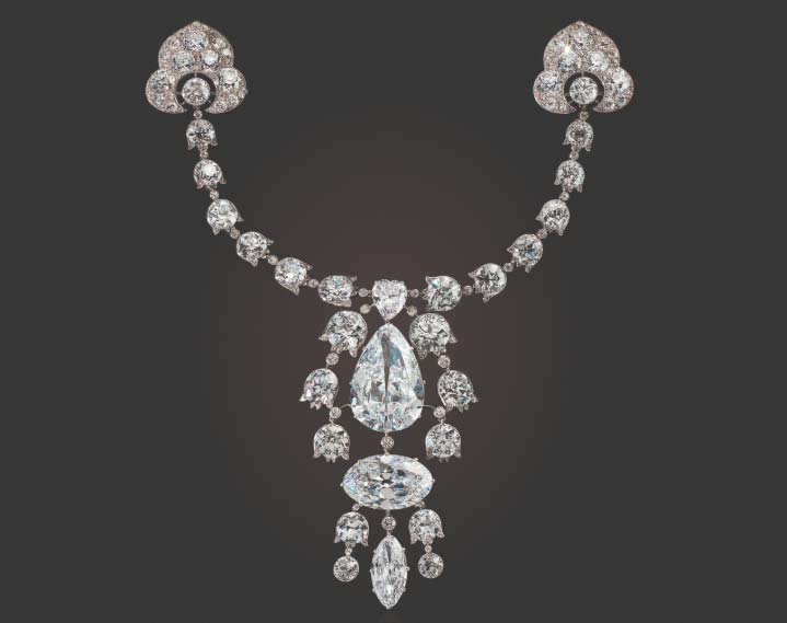 Cartier’s icy Belle Époque devant-de-corsage, circa 1912, sold for US$10,603,500 at Christie’s Maharajas & Mughal Magnificence auction.