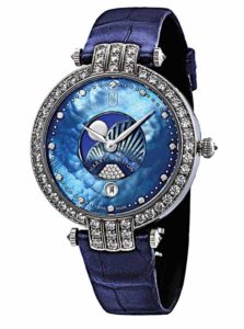 ‘Premier Moon Phase’ ladies’ timepiece by Harry Winston in 18-karat white gold featuring blue mother-of-pearl dial with diamond hour markers (0.08 ctw), 104 brilliant-cut diamonds (2.58 ctw) on the bezel, and blue alligator leather strap. Photo courtesy Swatch Group, Ltd.