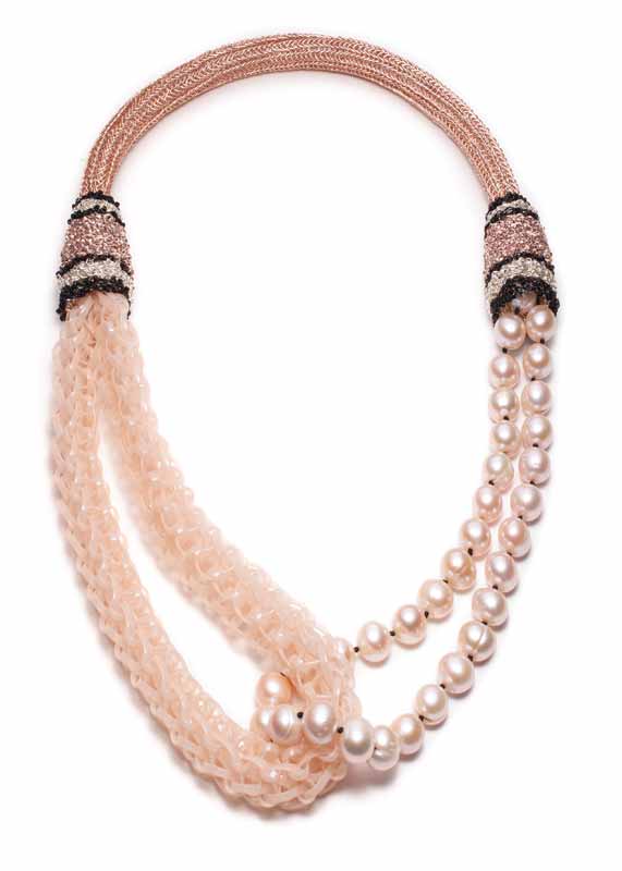 Blush freshwater pearls and seed beads with vinyl lacing by Barbara Stutman.