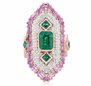 Set with emeralds, purple sapphires, and diamonds, this 18-karat rose and white gold ‘Cleopatra Ring’ by Gigi Ferranti received the 2018 American Gem Trade Association (AGTA) Gem Diva award for evening wear. <br /> <span style="font-size: 10pt; font-family: arial, helvetica, sans-serif;"><i>Photo ©Gigi Ferranti</i></span>