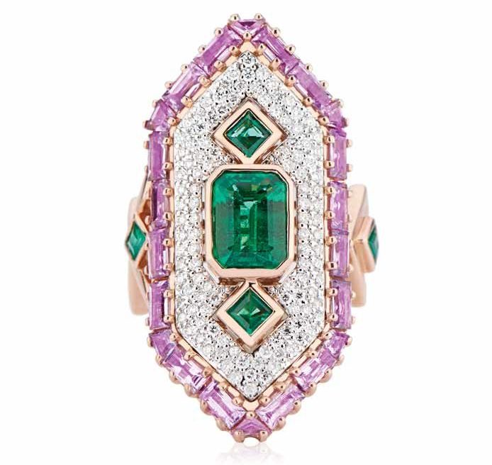 Set with emeralds, purple sapphires, and diamonds, this 18-karat rose and white gold ‘Cleopatra Ring’ by Gigi Ferranti received the 2018 American Gem Trade Association (AGTA) Gem Diva award for evening wear.