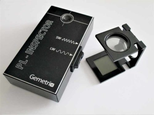 The PL-Inspector (PhotoLuminescence Inspector) by Gemetrix (left) uses ultraviolet (UV) illumination to identify synthetics, while the unit on the right can be used with a microscope to view internal strain patterns in diamonds.