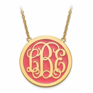 Gold-plated sterling silver solid enameled monogram circle pendant with chain.