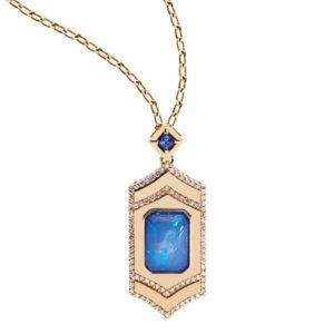 A 14-karat yellow gold locket and mirror pendant by Gigi Ferranti featuring an 8.75-carat Ethiopian opal centre stone and surrounded by brilliant diamonds. <br /> <span style="font-size: 10pt; font-family: arial, helvetica, sans-serif;"><i>Photo ©Gigi Ferranti</i></span>