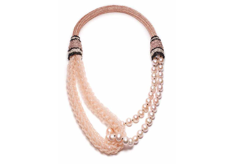 Blush freshwater pearls and seed beads with vinyl lacing by Barbara Stutman. <br /> <span style="font-size: 10pt; font-family: arial, helvetica, sans-serif;"><i>Photo ©Barbara Stutman</i></span>