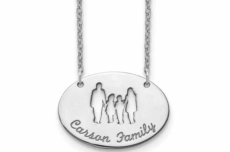 Personalized sterling silver rhodium-plated cut-out silhouette necklace with family name.<br /> <span style="font-size: 10pt; font-family: arial, helvetica, sans-serif;"><i>Photos courtesy Quality Gold</i></span>