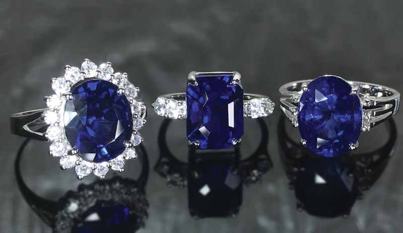 Selection of large HPHT-treated sapphires, mounted in rings. Photos courtesy GRS Laboratories