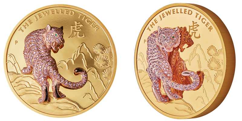 The Perth Mint’s Jewelled Tiger coin features fancy vivid intense pink diamonds (3.0 ctw), unearthed from Rio Tinto’s Argyle mine.