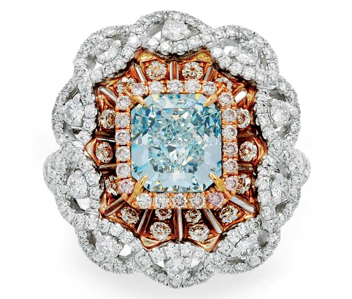 Coloured diamond pieces, such as this ring, continue to drive interest at estate sales.