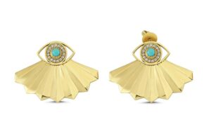 14-karat yellow gold ‘Folded Fan Evil Eye Studs’ by OWN Your Story, featuring 0.13 carats of white diamonds and turquoise.Photo courtesy OWN Your Story